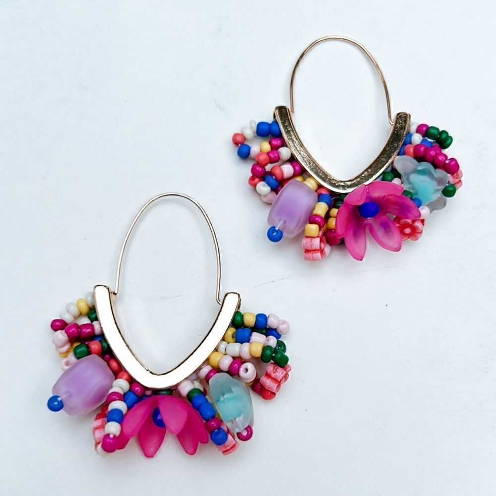 Anthropologie Multi-Color Beaded Hoop Earrings with Pink Flower Accents